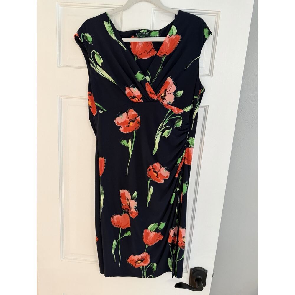 Lauren Ralph Lauren Womens Rauch Faux Wrap Long Dress Navy/Poppy Size 14